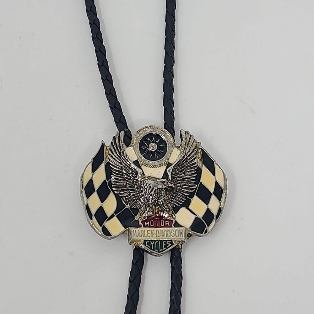 Harley-Davidson Vintage Racing Flags Enamel Western Style Silver Tone Bolo Tie